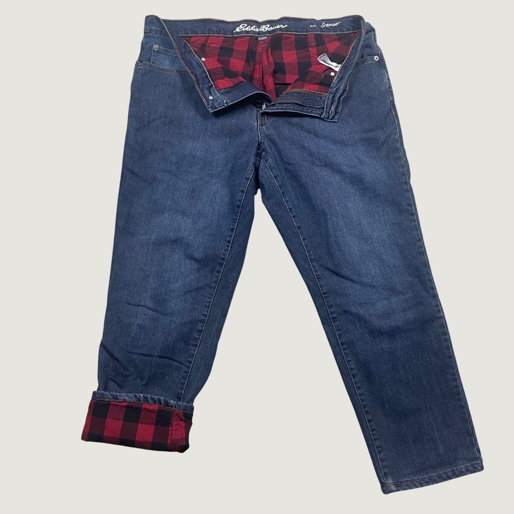 Eddie Bauer Flannel Lined Straight Fit Jeans Mens 36x28 (Tag 36x30) Blue Plaid